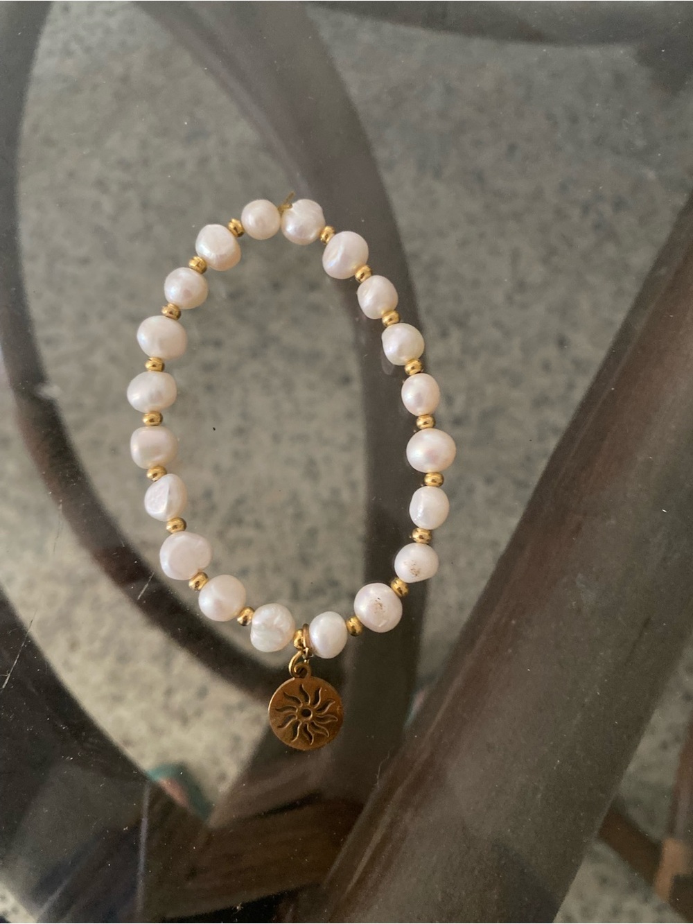 Cultured Pearl and Gold Bead Bracelet with Sun Charm - White